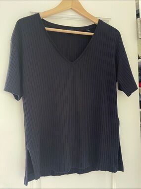 Gant Ribbed V-Neck Short Sleeve Tee - Navy Blue